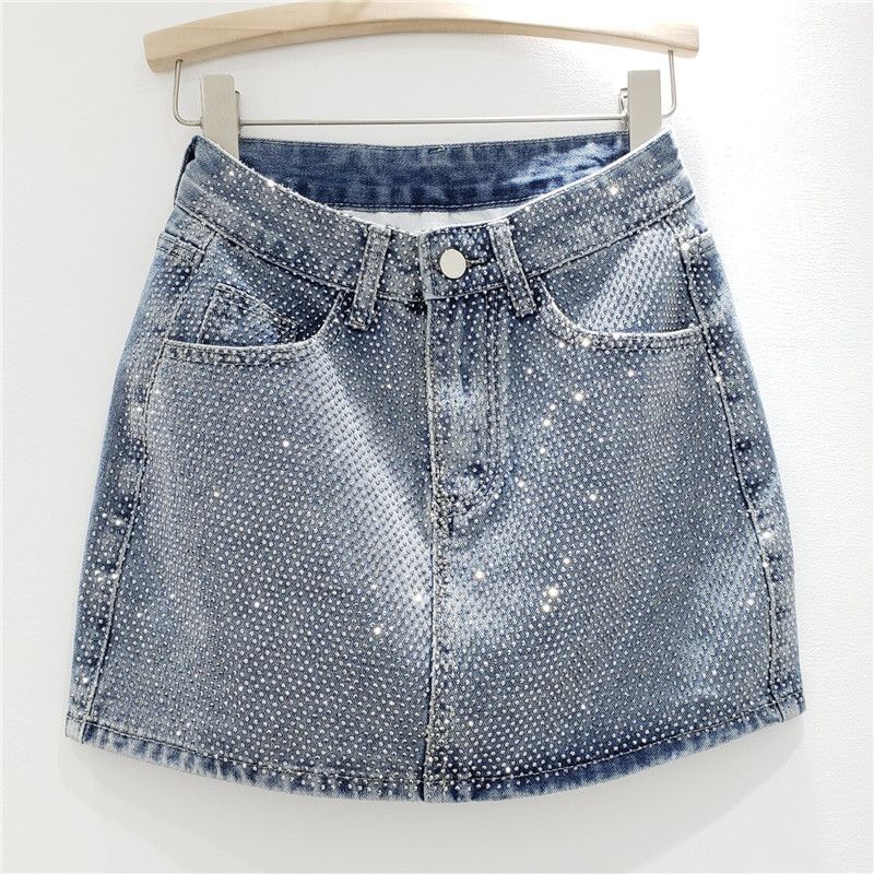 Women's Clothing Summer New Heavy Duty Hot Diamond Denim Skirt Women's Fashionable High Waist Slim A Line Hip Skirt_mkmklike.com
