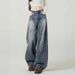 Retro Blue High Waist Wide Leg Jeans Women's Trendy Versatile Slimming Curved Sash American Style High Street Denim_mkmklike.com