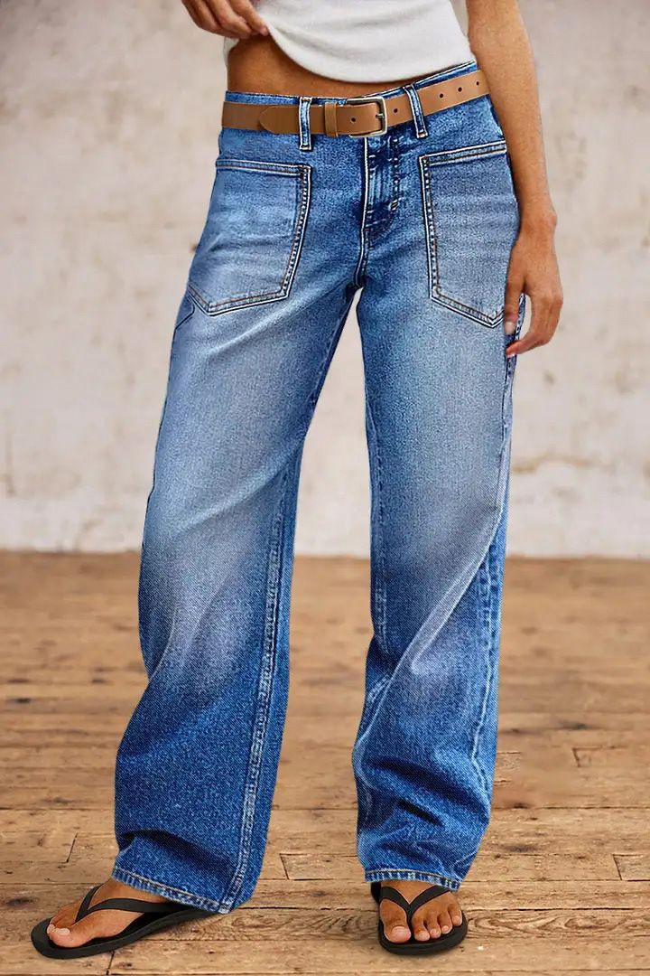High-Waisted Straight Leg Jeans For Women - Stretch Comfort Denim Pants With Enzyme Wash & Classic Blue_mkmklike.com