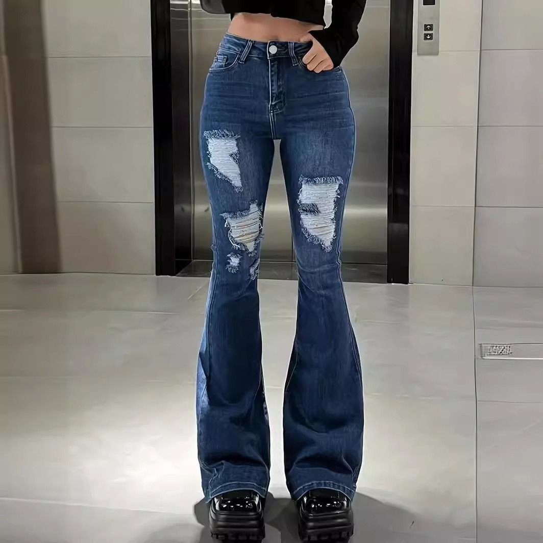 Women's Clothing Spring and Summer Women's Jeans Bell bottom Pants Ripped Slim Fit High Waist Jeans Women_mkmklike.com