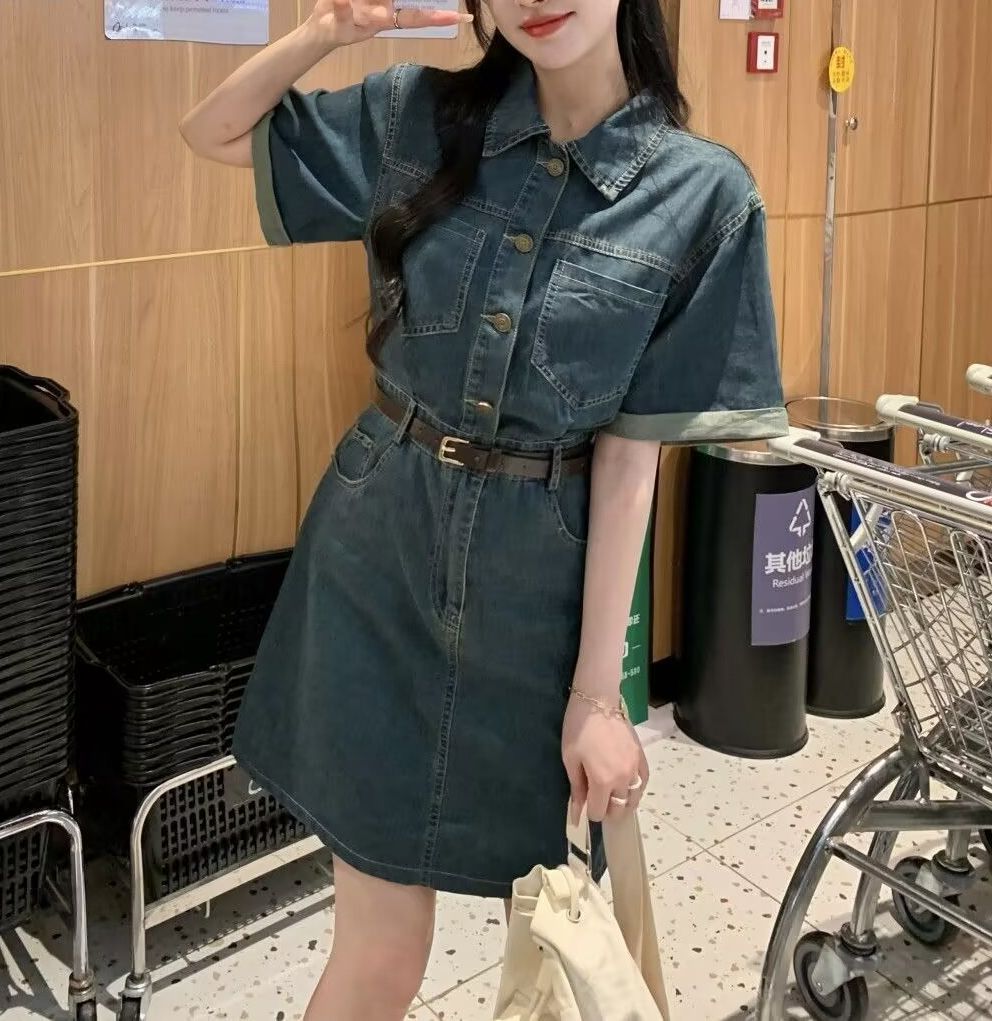 ELLE 2025 Korean Version Elegant Goddess Style Hong Kong Retro Chic Mid-Length Denim Dress Women's Summer Export_mkmklike.com