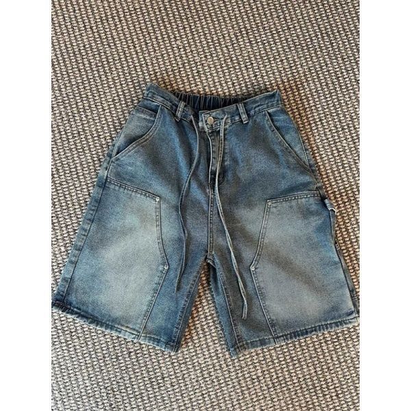 Men's Washed Blue Denim Shorts Straight Leg Five Point Pants Summer Retro High Street Style Logging Workwear_mkmklike.com