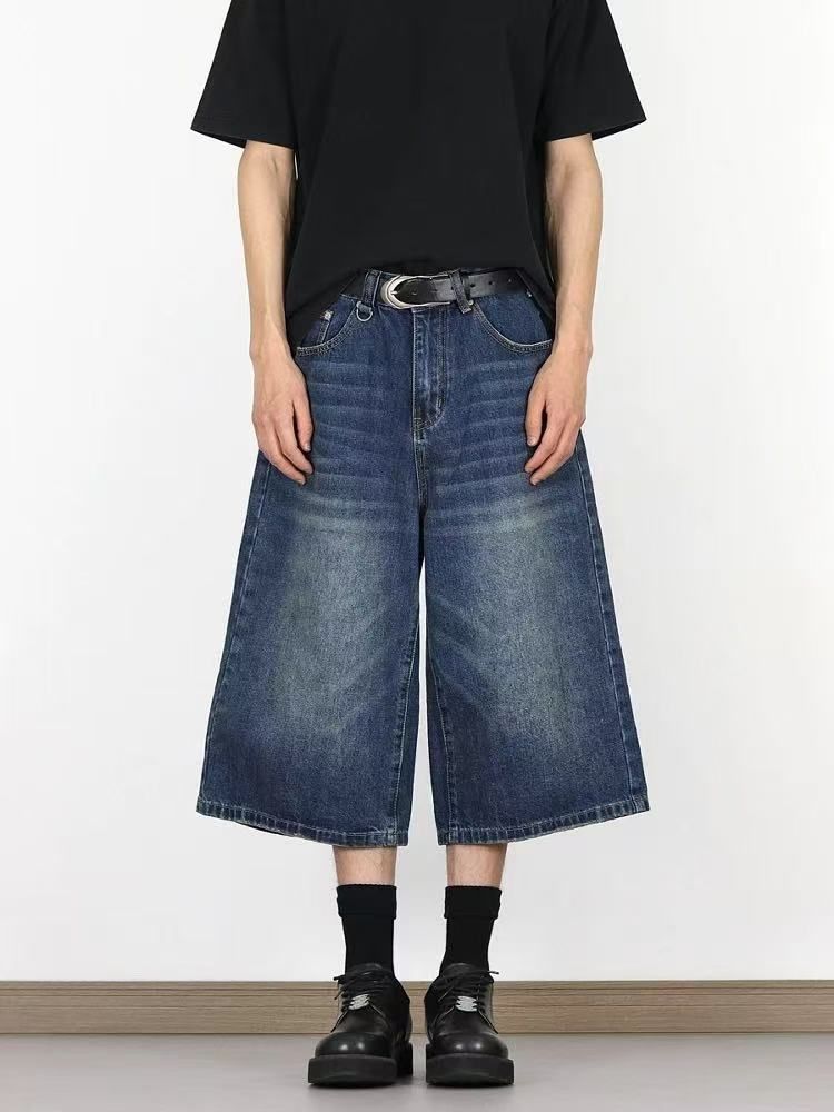 "Korean Style Washed Cropped Wide Leg Jeans For Men & Women - Relaxed Straight Cut Denim Mid-Length Shorts With Slimming Effect"_mkmklike.com