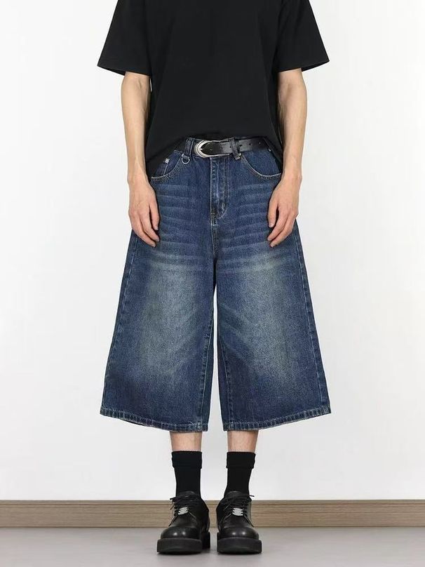 "Korean Style Washed Cropped Wide Leg Jeans For Men & Women - Relaxed Straight Cut Denim Mid-Length Shorts With Slimming Effect"_mkmklike.com