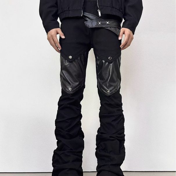 Men's Punk Rock Flared Jeans Asymmetric Leather-Patched Denim Stacked Knee Wrinkles Distressed Hem Street Goth Pants With Metal Zipper Accents_mkmklike.com