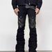 Men's Punk Rock Flared Jeans Asymmetric Leather-Patched Denim Stacked Knee Wrinkles Distressed Hem Street Goth Pants With Metal Zipper Accents_mkmklike.com