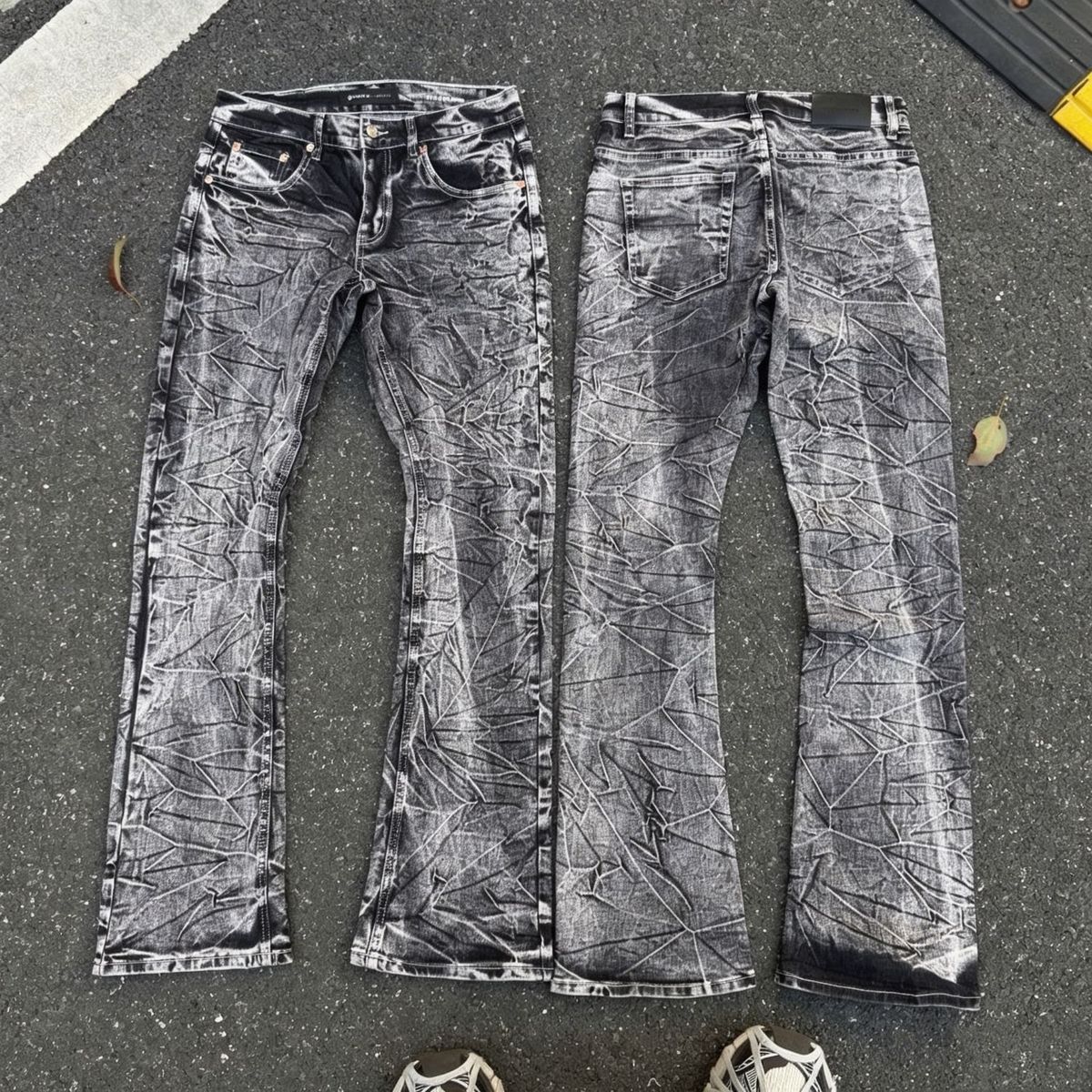 Men's Clothing Unisex Trendy High Street Style PU Washed Denim Jeans Distressed Crack Flared Texture Men's Clothing_mkmklike.com
