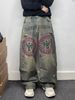 American Retro Printed Jeans Men's Loose Straight Wide-leg Pants Destroy The Trend Of Washing, National Style Trousers 2026 Tide_mkmklike.com