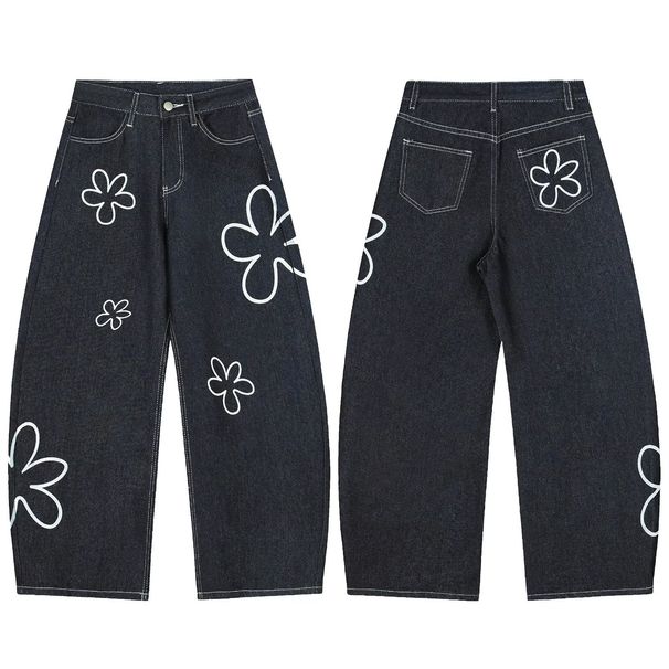 Streetwear Floral Print Baggy Jeans For Men – Oversized High-Waisted Wide-Leg Denim Pants With Cartoon Flower Design | 90s Vintage Aesthetic_mkmklike.com