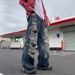 Men's Distressed Flared Jeans High Street Style Washed Wide Leg Trousers New Fashion Whiskered Design_mkmklike.com