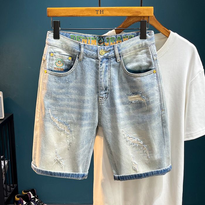 Men's Trendy Ripped Stretchy Slim Fit Jeans Mid Length Shorts Blue Style Basic Straight Leg Embroidered Patches_mkmklike.com