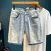 Men's Trendy Ripped Stretchy Slim Fit Jeans Mid Length Shorts Blue Style Basic Straight Leg Embroidered Patches_mkmklike.com