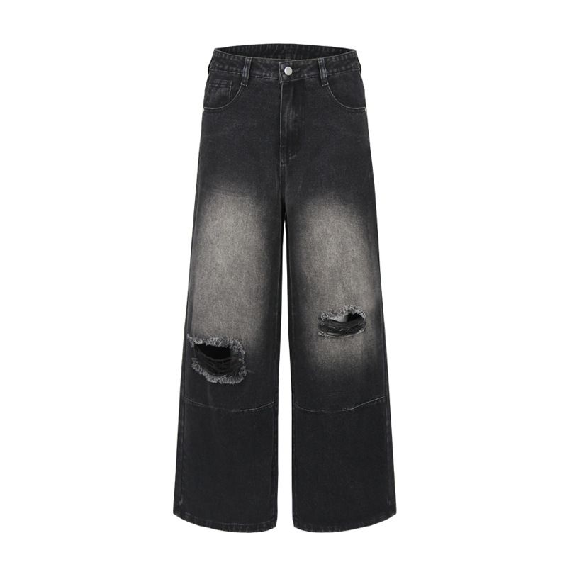 Men's Ripped Jeans Dad Street Style Punk Vintage Washed Loose Wide-Leg Straight Long Pants_mkmklike.com