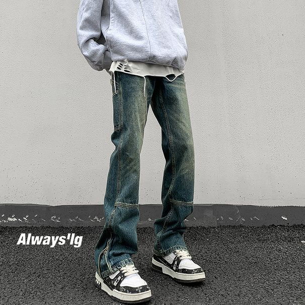Zipper Slit Jeans For Men, Spring And Autumn Style, American Style Slim-fit Trousers, Loose Straight-leg High Street_mkmklike.com