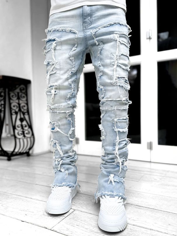 Men's Vintage Distressed Jeans – Retro Frayed Hem & Relaxed Fit (Light Blue/Black, S-XXL)_mkmklike.com