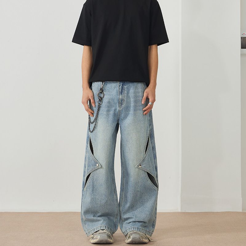 LKTM Men's Wear # Spring/Summer New Cutout Perforated Jeans For Men And Women With Design Sense Loose Wide Legs Straight Bb9_mkmklike.com