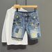 Men's Clothing Washed Blue Ripped Denim Shorts Trendy Splash Graffiti Slim Fit Five Point Pants_mkmklike.com