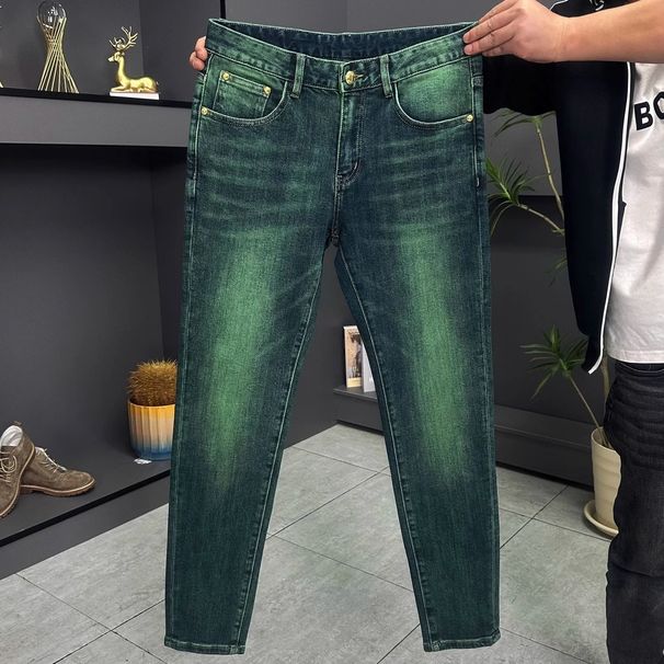 Men's Slim Fit Green Jeans - Stretch Denim Trousers With Bootcut & Mid Rise For Casual Wear_mkmklike.com