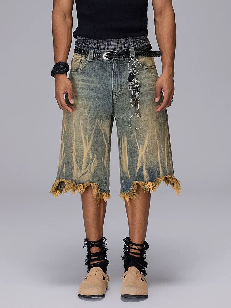 Summer Loose Cropped Denim Shorts For Men Brushed Yellow Mud Dye Washed Old Fashioned Trendy Brand_mkmklike.com