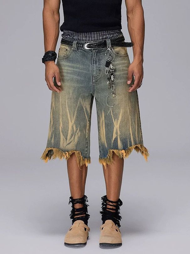 Summer Loose Cropped Denim Shorts For Men Brushed Yellow Mud Dye Washed Old Fashioned Trendy Brand_mkmklike.com