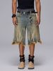 Summer Loose Cropped Denim Shorts For Men Brushed Yellow Mud Dye Washed Old Fashioned Trendy Brand_mkmklike.com