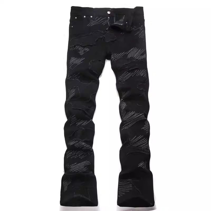 Men's Dark Streetwear Embroidered Flare Jeans - Black Distressed Denim Pants With Silver Stitch - Retro Punk Slim Fit Trousers For Men_mkmklike.com