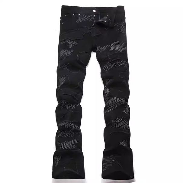 Men's Dark Streetwear Embroidered Flare Jeans - Black Distressed Denim Pants With Silver Stitch - Retro Punk Slim Fit Trousers For Men_mkmklike.com