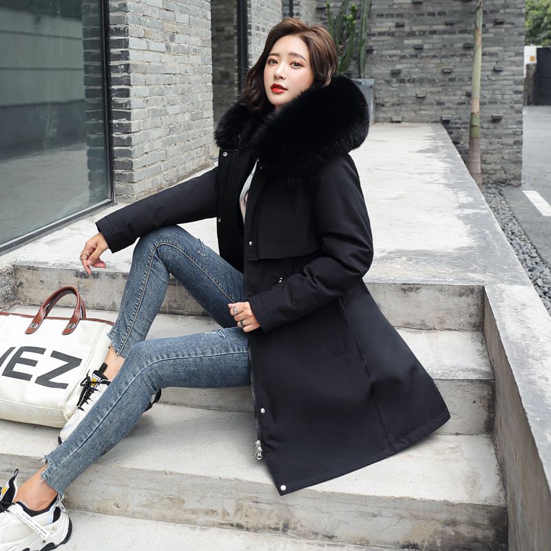 Women's Clothing new winter cotton padded coat, medium length, large fur collar, velvet lining, overcoat, cotton padded coat, trendy for women_mkmklike.com