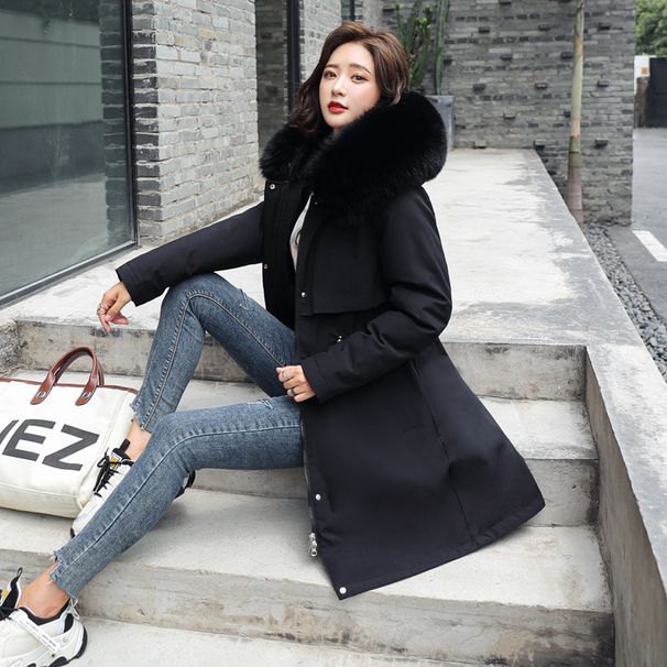 Women's Clothing new winter cotton padded coat, medium length, large fur collar, velvet lining, overcoat, cotton padded coat, trendy for women_mkmklike.com
