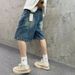 Men's Straight Leg Washed Blue Denim Shorts Retro Pocket Thick Casual Trendy Five Point Pants_mkmklike.com