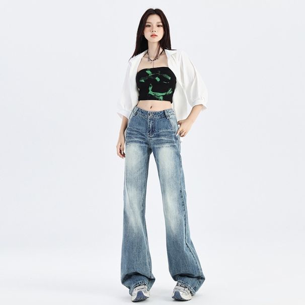 Attention-Grabbing Moment: American Retro Cracked Denim Jeans For Women, Spring Season, Low-Waisted, Wide-Leg,_mkmklike.com
