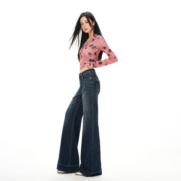 ELLE Plan 2025 Autumn Winter New High Waist Stretch Slightly Loose Flared Jeans For Women Vintage Blue Long Pants_mkmklike.com