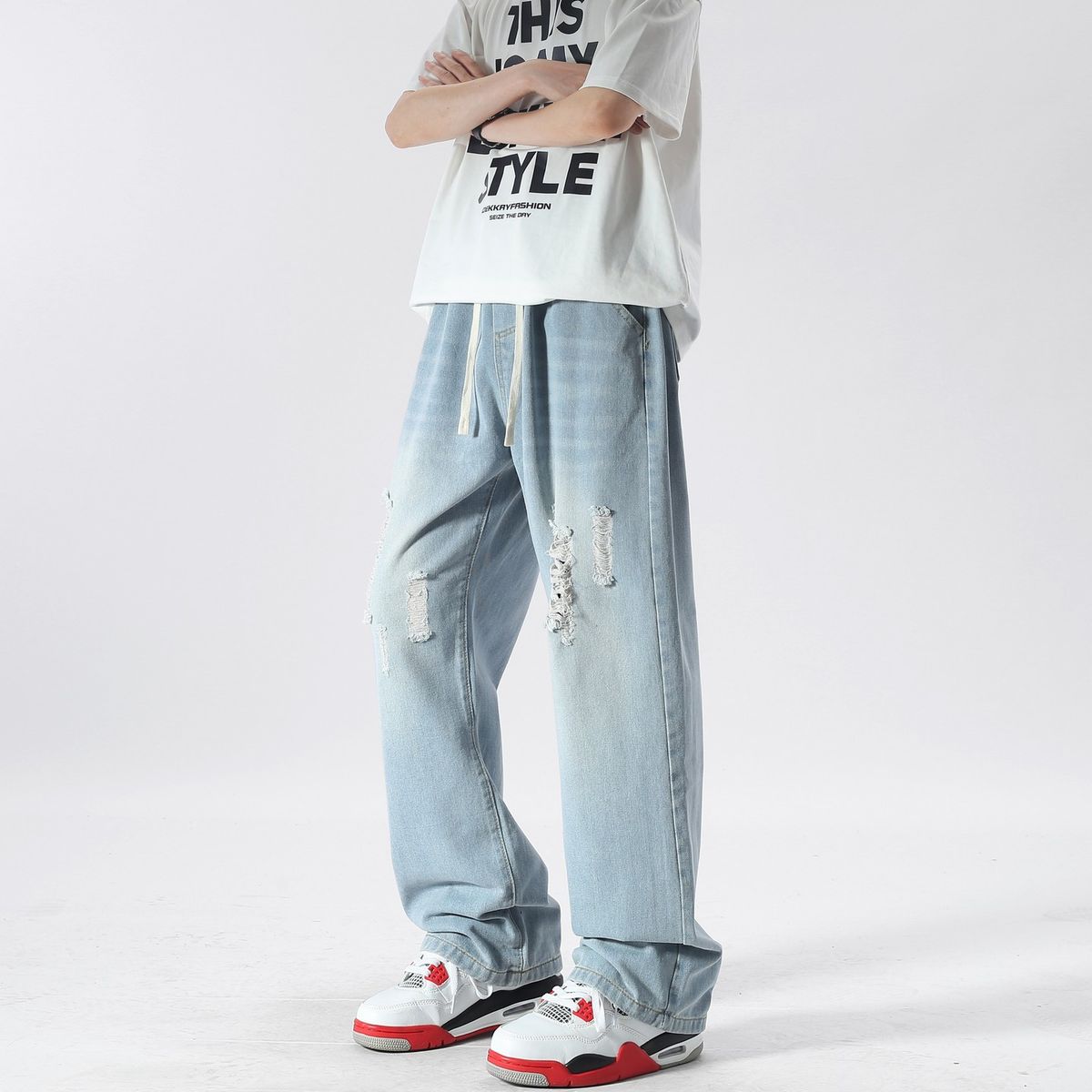 Men's Distressed Light Blue Jeans - Relaxed Straight Leg Ripped Denim Pants With Elastic Waist For Casual Streetwear_mkmklike.com