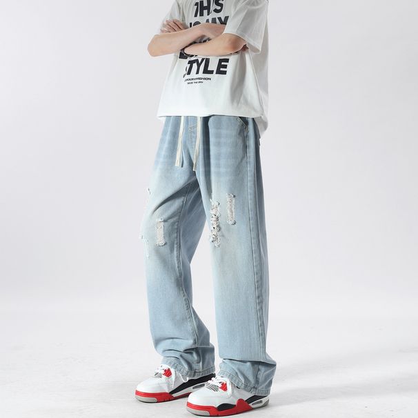 Men's Distressed Light Blue Jeans - Relaxed Straight Leg Ripped Denim Pants With Elastic Waist For Casual Streetwear_mkmklike.com
