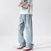 Men's Distressed Light Blue Jeans - Relaxed Straight Leg Ripped Denim Pants With Elastic Waist For Casual Streetwear_mkmklike.com