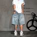 Men's Colorful Embroidered Loose Ripped Denim Shorts American Street Style Summer Trendy Wide Leg Straight Leg Five Point Pants_mkmklike.com