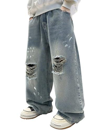 Boys Baggy Jeans Wide Leg Elastic Waist Denim Pants With Pockets Y2K Streetwear Casual Trousers For Kids 6-16 Years_mkmklike.com
