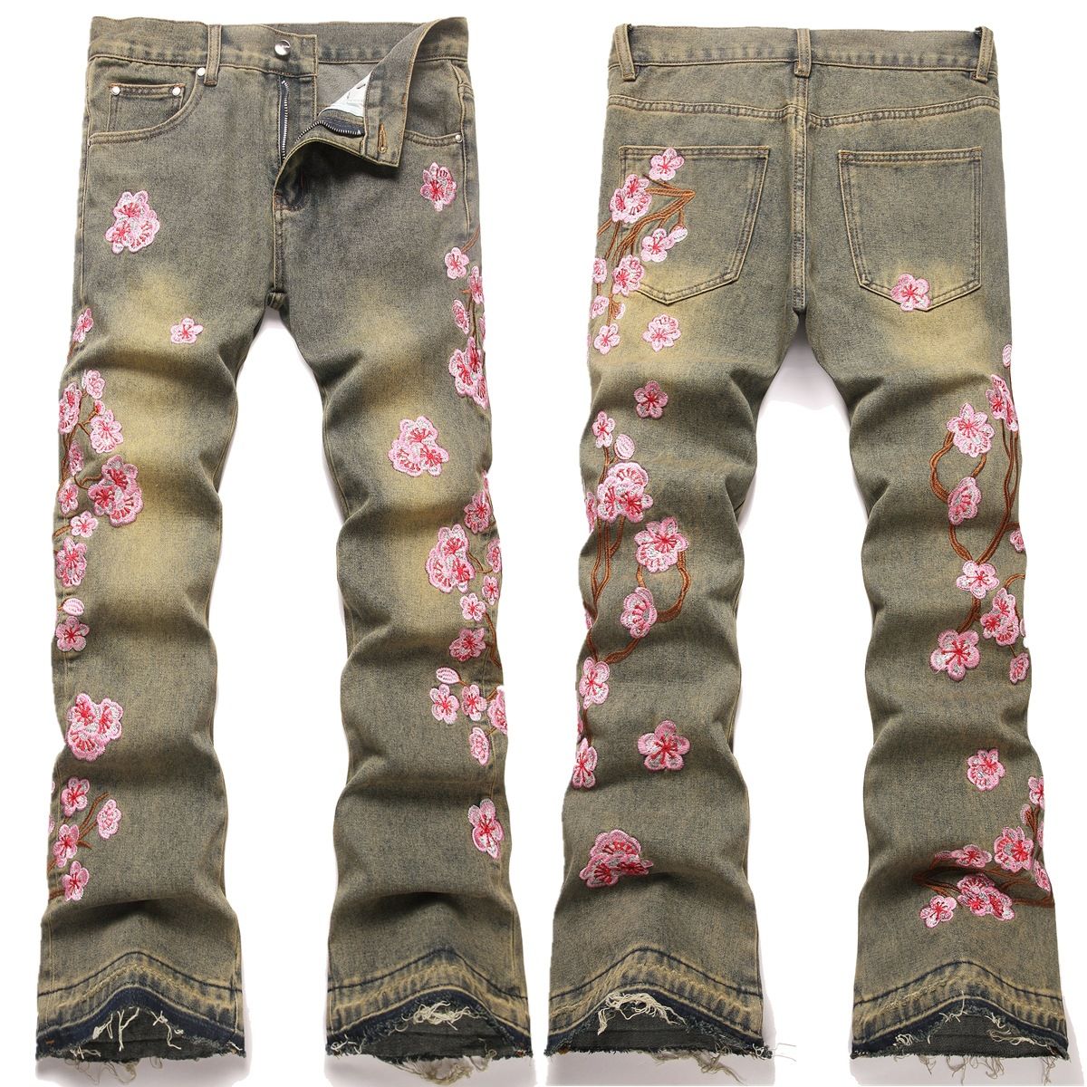 Men's Denim Slim Fit Flared Pants European And American Street Fashion Ins Plum Blossom Embroidered Denim Trousers_mkmklike.com