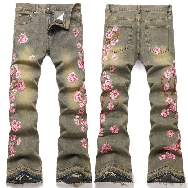 Men's Denim Slim Fit Flared Pants European And American Street Fashion Ins Plum Blossom Embroidered Denim Trousers_mkmklike.com