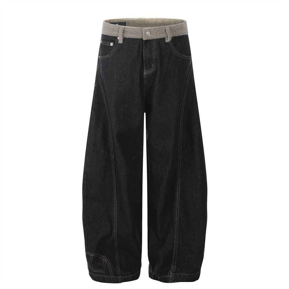 American Style Washed Scimitar Plush Patchwork Jeans Men's High Street Trendy Design Wide Leg Long Pants_mkmklike.com