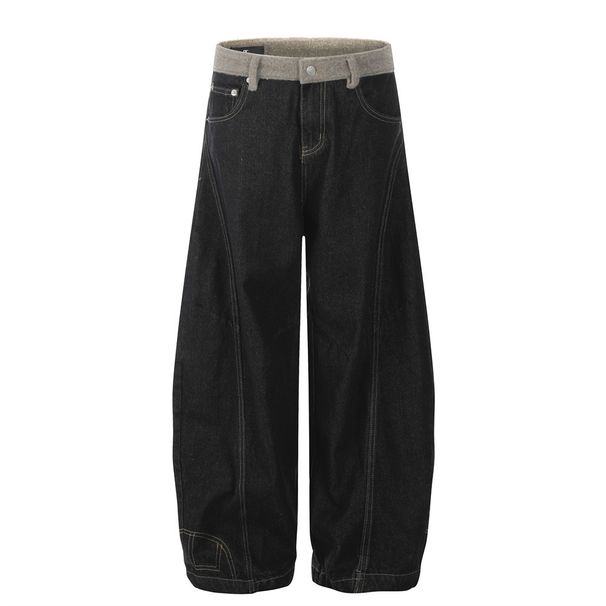 American Style Washed Scimitar Plush Patchwork Jeans Men's High Street Trendy Design Wide Leg Long Pants_mkmklike.com