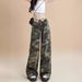 American Style Camouflage Cargo Jeans For Women Summer Loose Fit Versatile Slimming High Waist Cuffed Straight_mkmklike.com