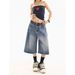 Men's Clothing Retro Washed Old Lightning Pattern Three Quarter Denim Shorts Loose Straight Wide Leg Mid Length Pants_mkmklike.com