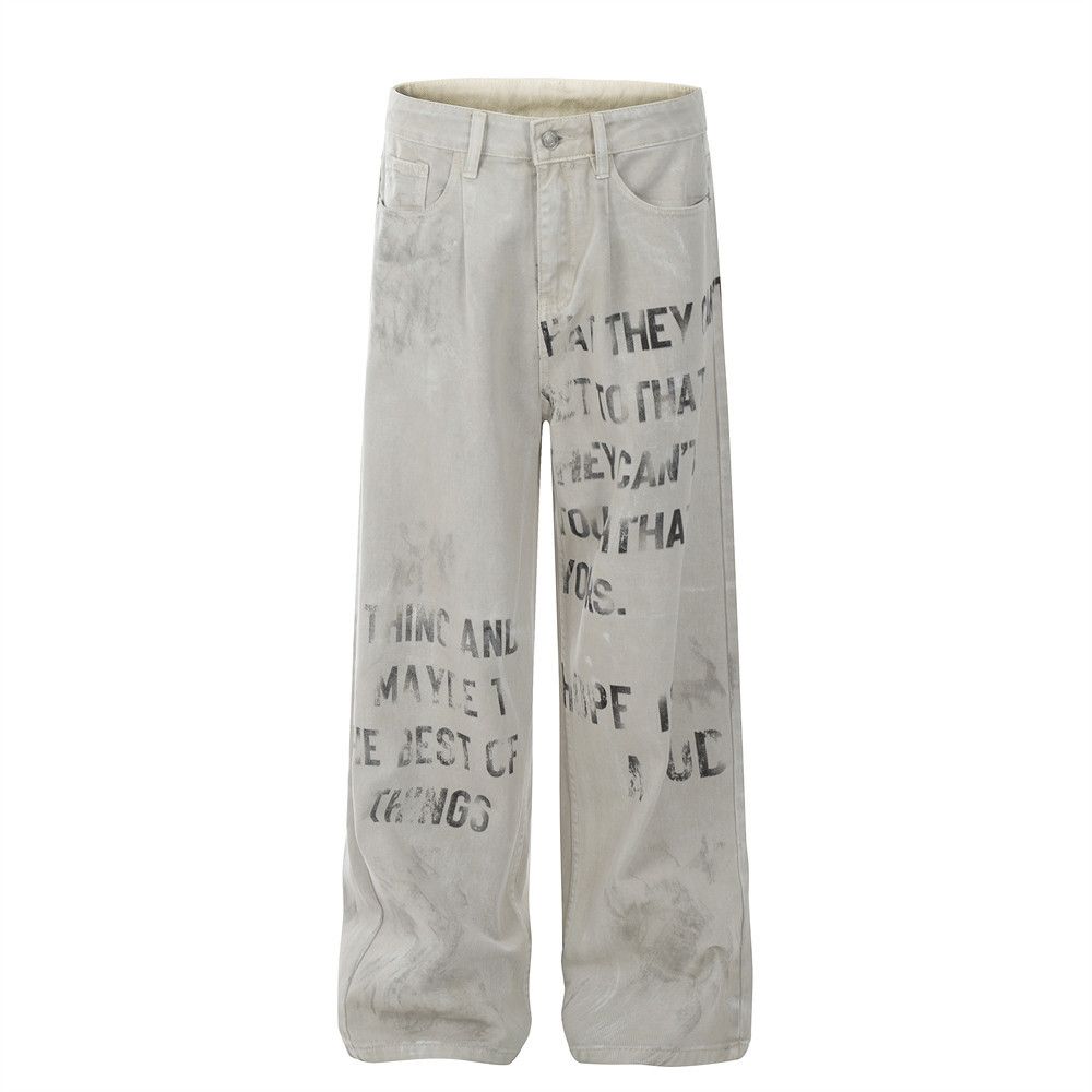 Blurred Letter Print Jeans For Men American Street Style Hip Hop Washed Niche Loose Straight Long Pants_mkmklike.com