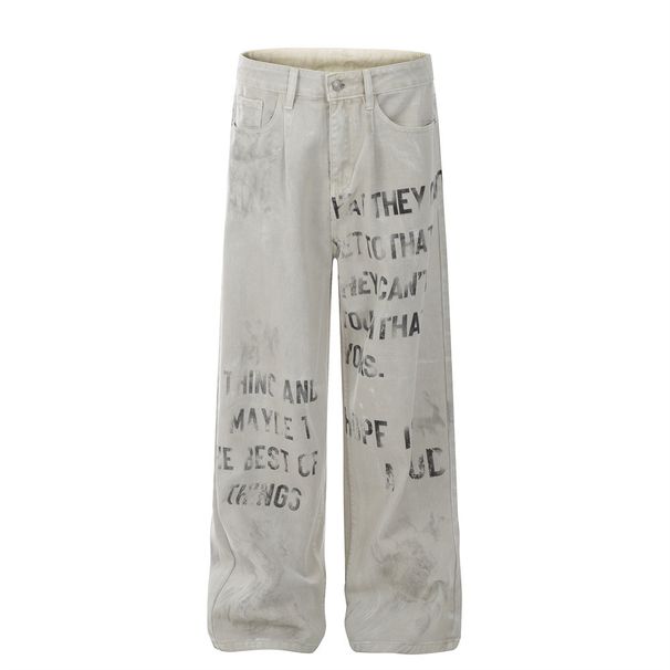 Blurred Letter Print Jeans For Men American Street Style Hip Hop Washed Niche Loose Straight Long Pants_mkmklike.com