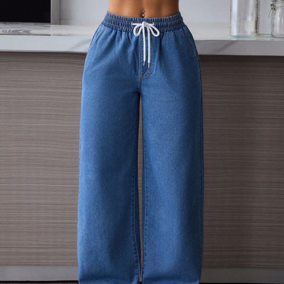 Women's Clothing High-Waisted Wide-Leg Pants Drawstring Elastic Waist Jeans Suitable_mkmklike.com