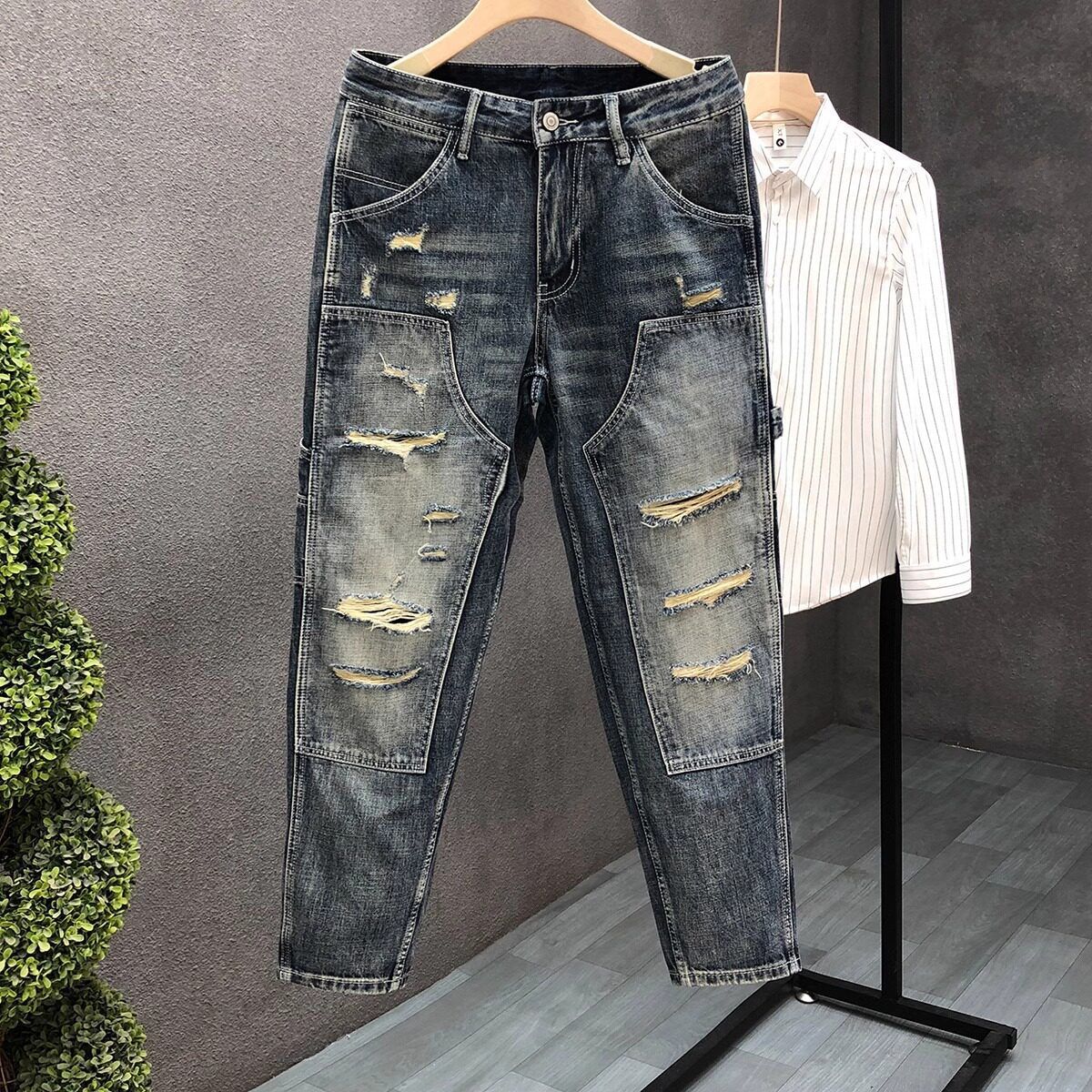 Retro Heavyweight Ripped Cargo Jeans Men's Loose Straight Leg Wide Leg Tapered Pants High Streetwear_mkmklike.com