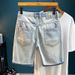 Men's Trendy Ripped Stretchy Slim Fit Jeans Mid Length Shorts Blue Style Basic Straight Leg Embroidered Patches_mkmklike.com