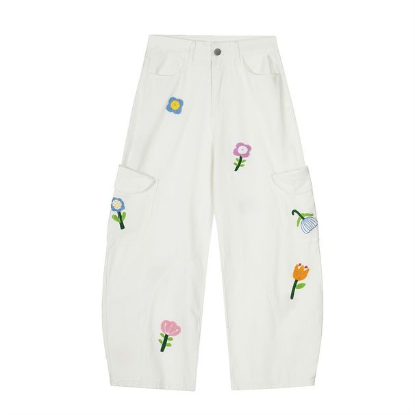 Floral Embroidery Cargo Scimitar Jeans Men's Spring Autumn American Street Fashion Design Loose Wide-Leg Pants_mkmklike.com