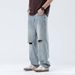 Current Summer Blue Ripped Wide-Leg Pants Young Korean Style Street Fashion Casual Versatile Straight-Leg Jeans For Men_mkmklike.com